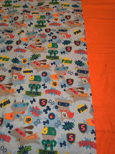 Receiving Blanket - Dog Superheroes, Bold Colors on Blue Flannel::Orange Flannel