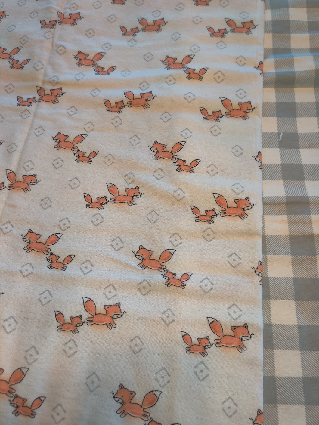 Receiving Blanket - Foxes, Running on White Flannel::Grey Checkered Flannel