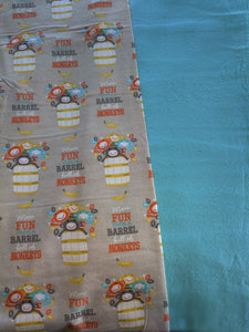 Receiving Blanket - Monkeys in Barrel, Aqua, Orange, Grey on Tan Flannel::Aqua Flannel