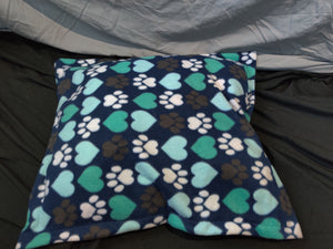 Medium Pet Bed - Hearts & Paw Prints, Blue, Aqua & Grey on Navy Fleece