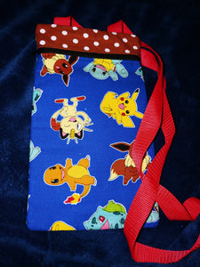 Crossbody Messenger Bag - Pokémon Characters on Blue with Brown Polka Dots & Red Strap