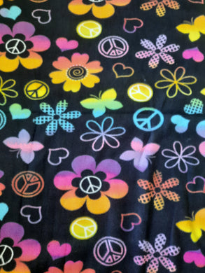 Throw Blanket - Rainbow, Flowers and Peace on Black Fleece::Matching