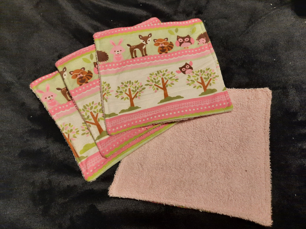 Wash Cloth - Large - 4 Pack - Woodland Critters and Trees Strips Flannel::Light Pink Terry Cloth