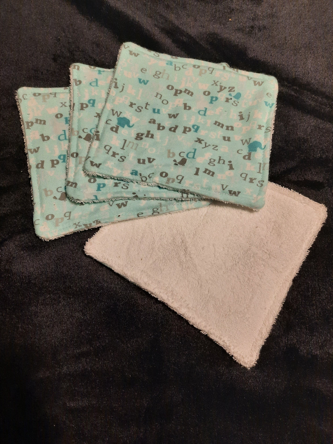Wash Cloth - Small - 4 Pack - ABC's & Animals on Mint Flannel::White Terry Cloth
