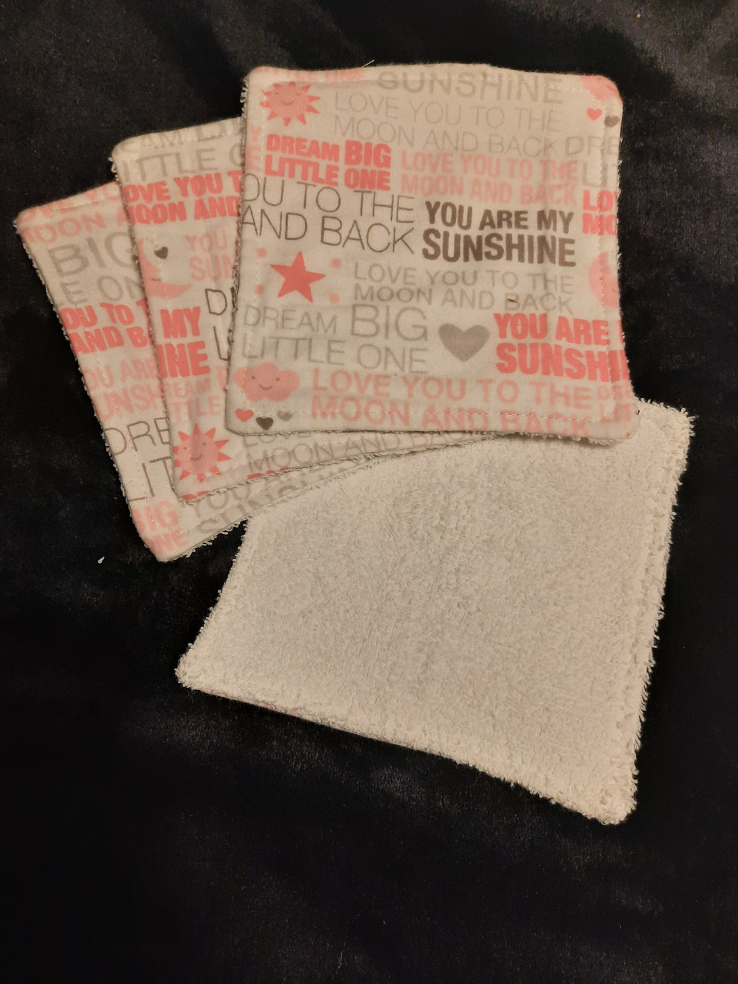 Wash Cloth - Small - 4 Pack - Baby Love Phrases on White Flannel::White Terry Cloth