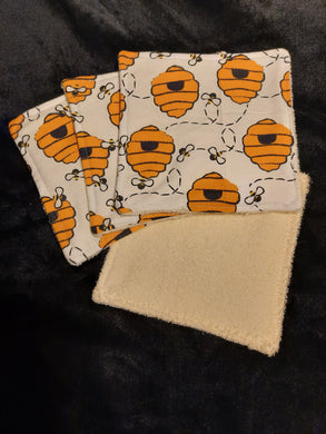 Wash Cloth - Small - 4 Pack - Bees and Hives on White Flannel::Light Yellow Terry Cloth