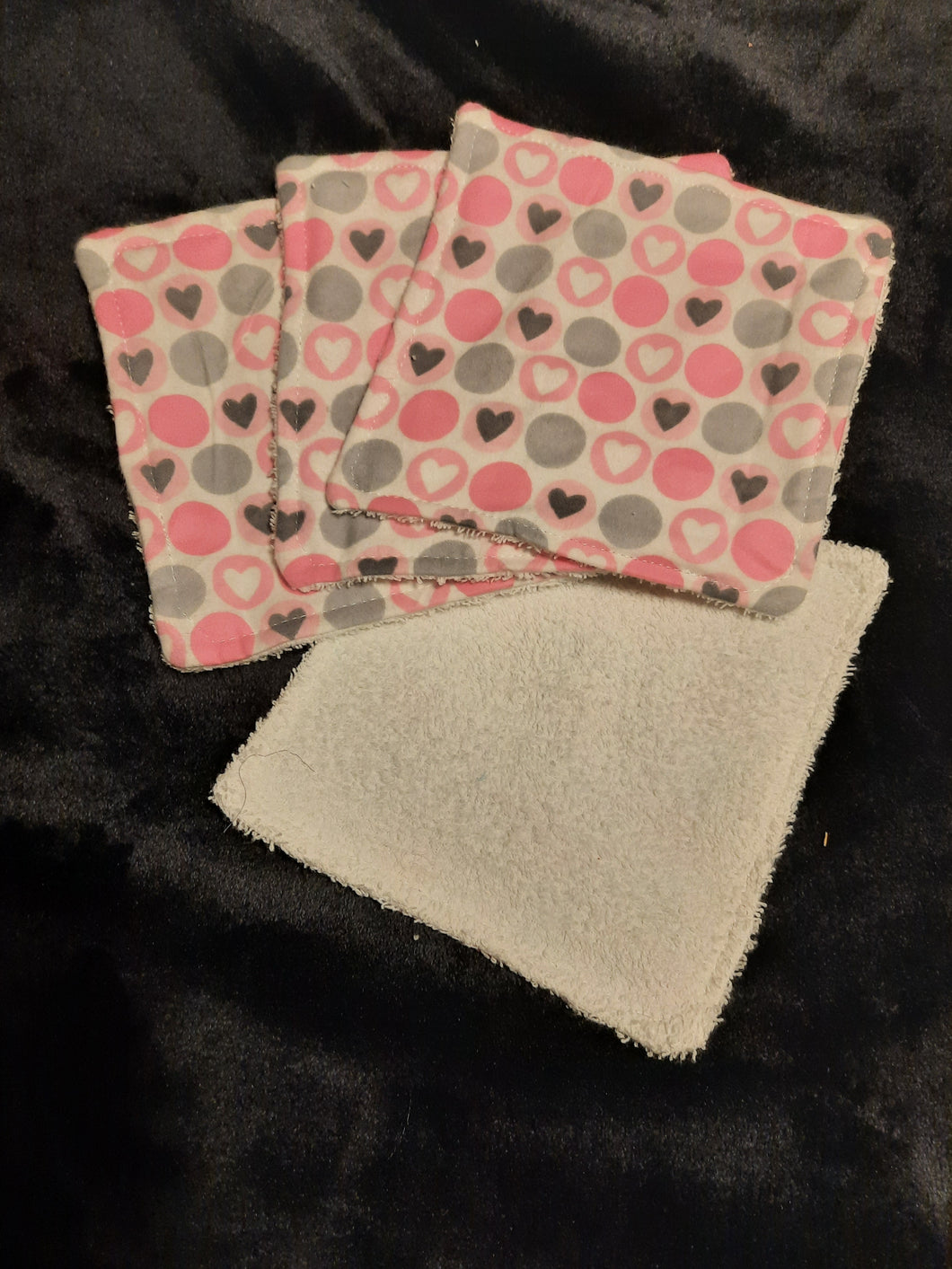 Wash Cloth - Small - 4 Pack - Hearts, Pink & Gray on Pink Flannel::White Terry Cloth