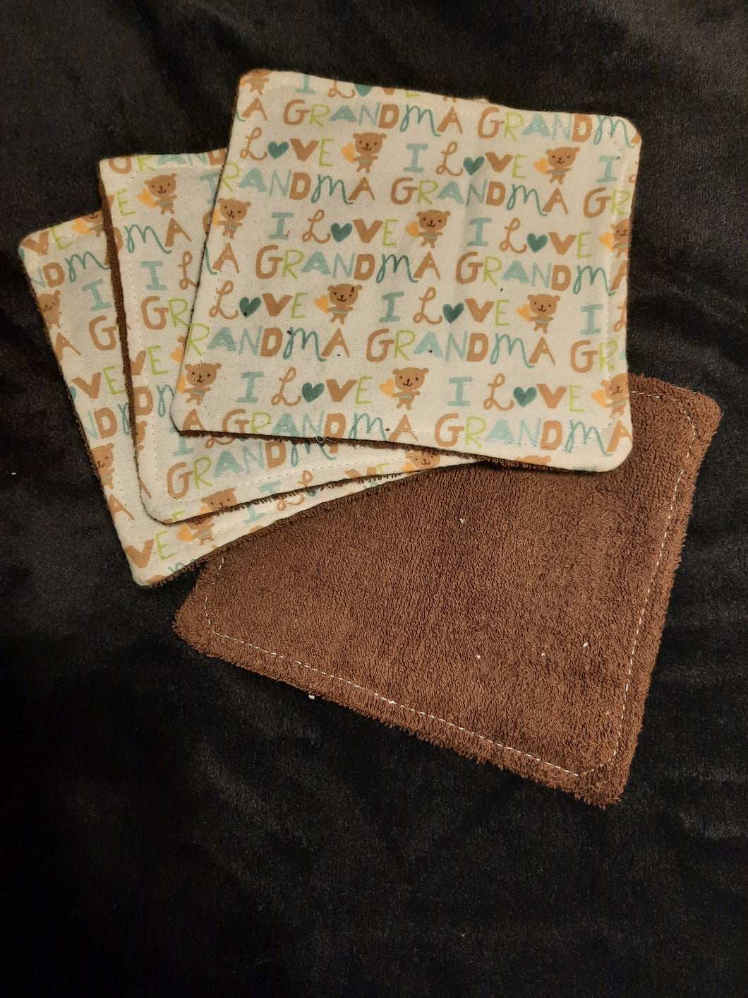 Wash Cloth - Small - 4 Pack - I Love Grandma, Tan, Blue, and Green on White Flannel::Brown Terry Cloth