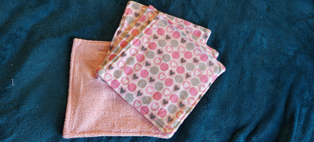 Wash Cloth - Large - 4 Pack - Hearts, Pink & Gray on Pink Flannel::Light Pink Terry Cloth