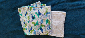 Wash Cloth - Small - 4 Pack - Dinosaurs, Blue & Green on White Flannel::White Terry Cloth